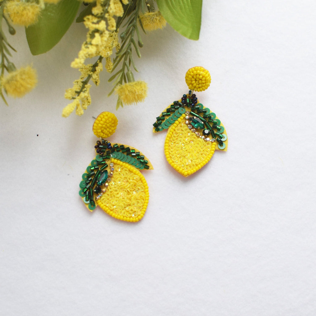 Yellow Lemon Earring, Post Earrings, Beaded Earrings, Gift ideas, Spring Earrings, Summer Earrings, Woman's Earrings, Statement Piece | 281